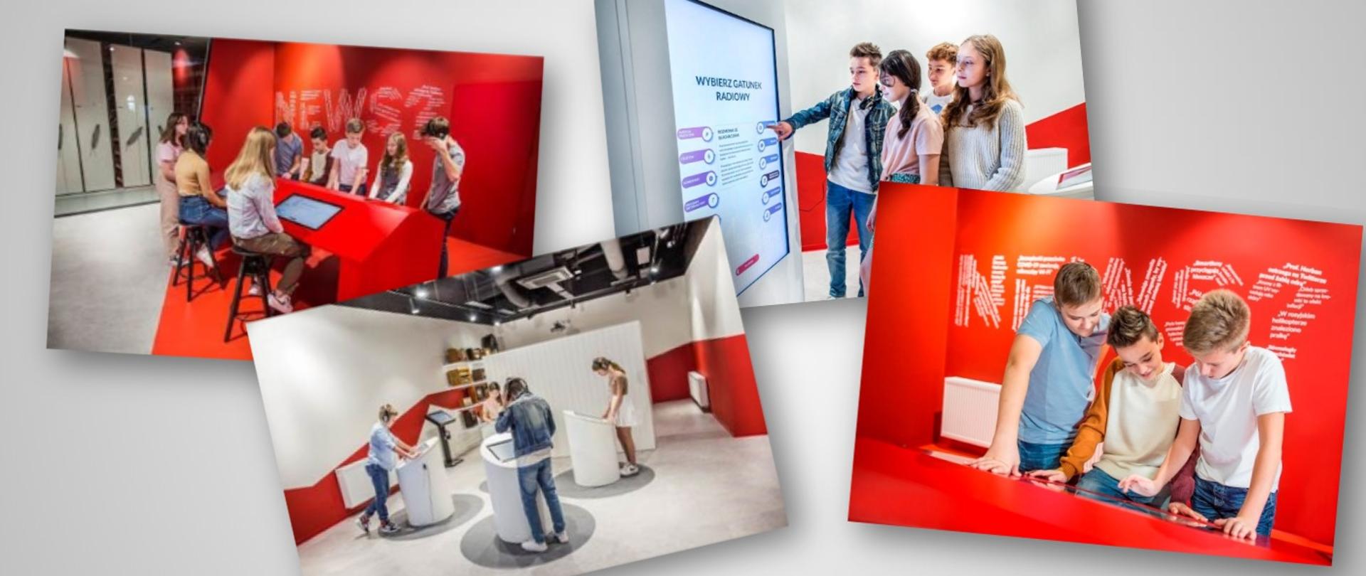 Na białym tle kolaż kilku zdjęć przedstawiających młodych ludzi w sali z czerwonymi ścianami.