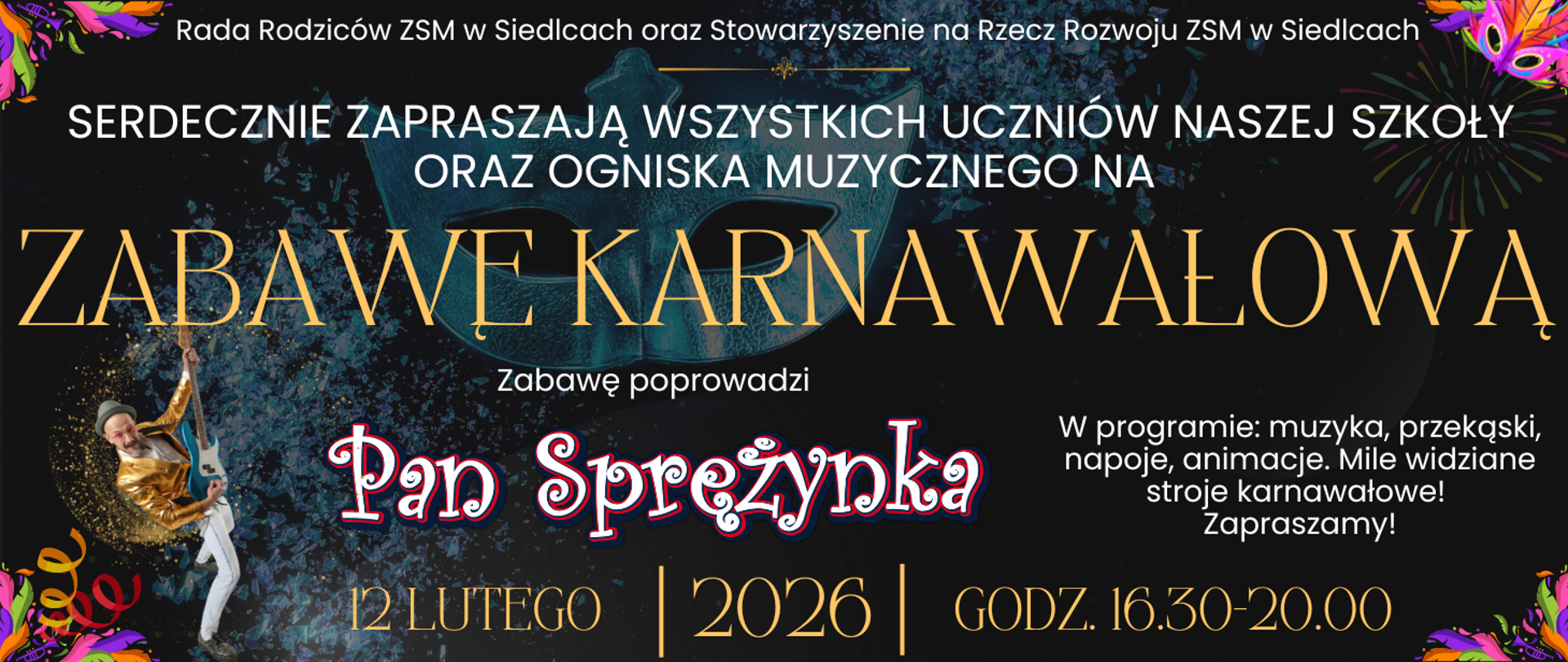baner z czarnym karnawałowym tłem oraz informacja o wydarzeniu