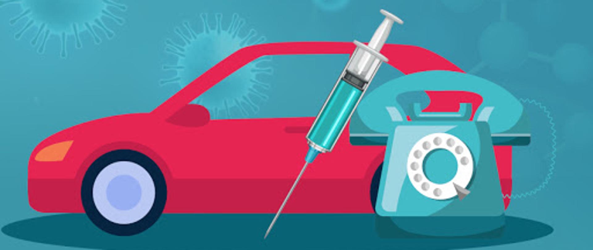 samochód osobowy przed nim znajduje się strzykawka i aparat telefoniczny.