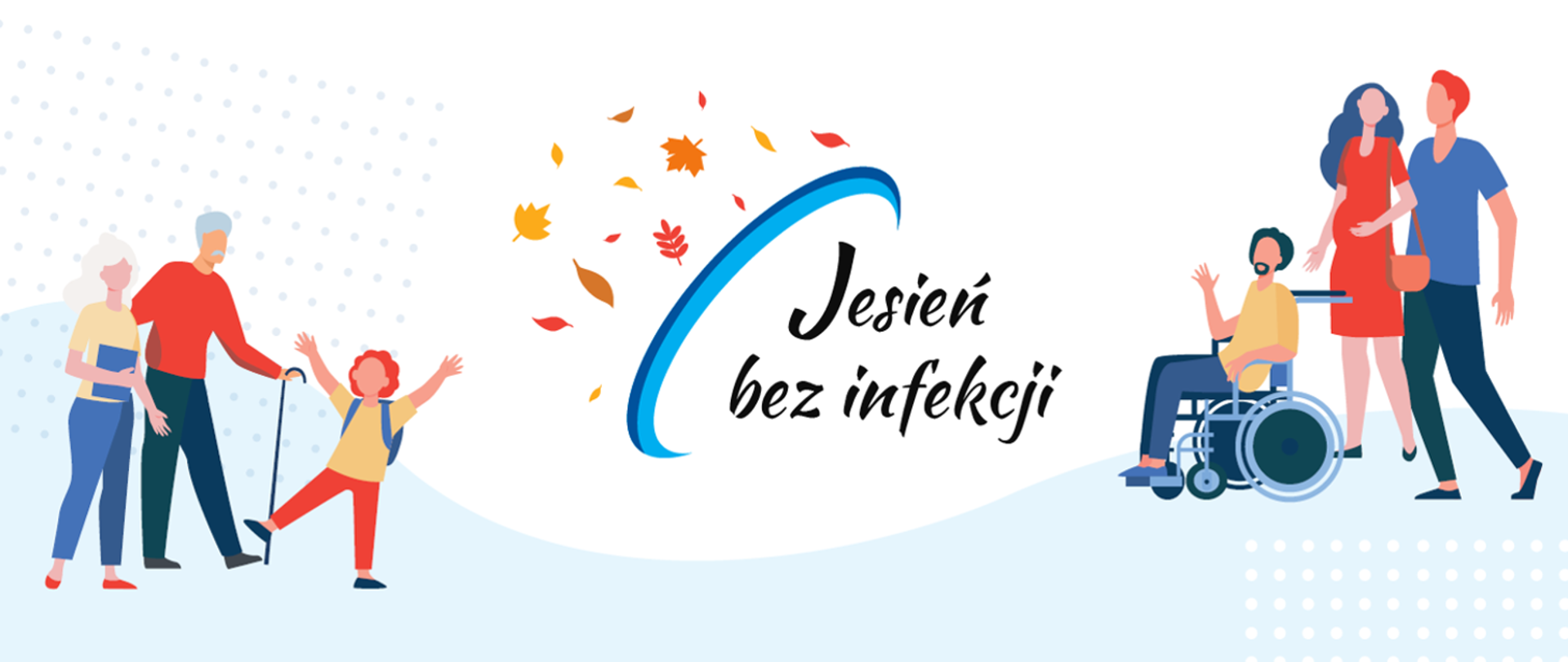 Baner kampanii „Jesień bez infekcji” z napisem pośrodku, jesiennymi liśćmi oraz ilustracjami osób w różnym wieku, w tym osoby na wózku inwalidzkim.