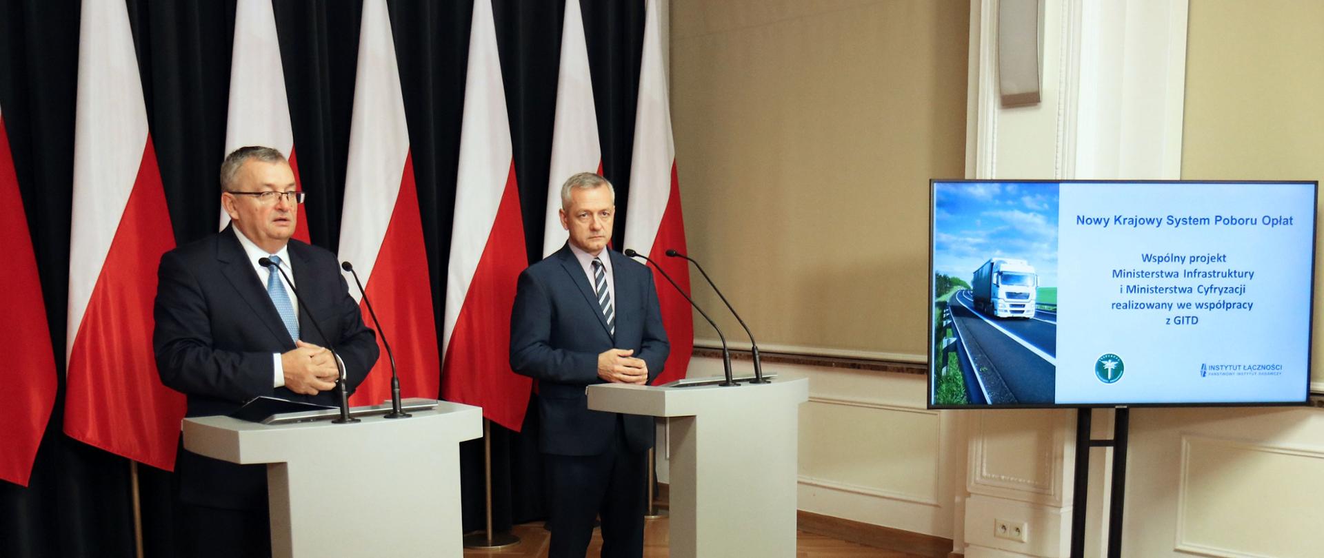 Minister Andrzej Adamczyk i Marek Zagórski na konferencji w sprawie nowego Krajowego Systemu Poboru Opłat