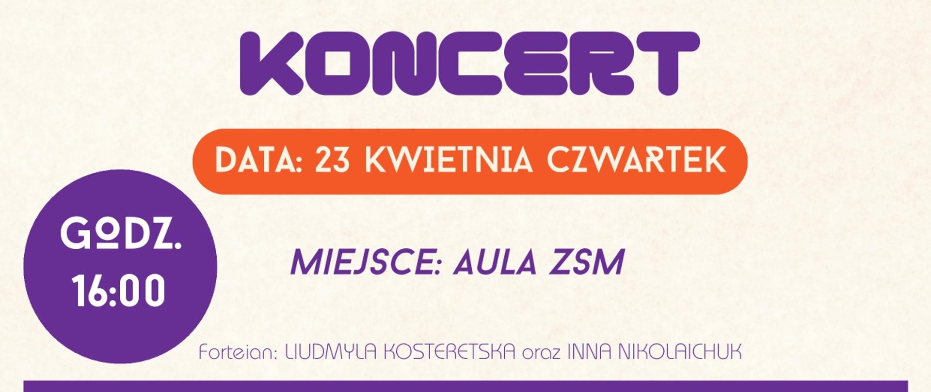 Kremowe tło, grafika skrzypiec, tekst dotyczący popisu klasy skrzypiec pani Kingi Kabzińskiej - Nowak 23 kwietnia o godz. 16.00