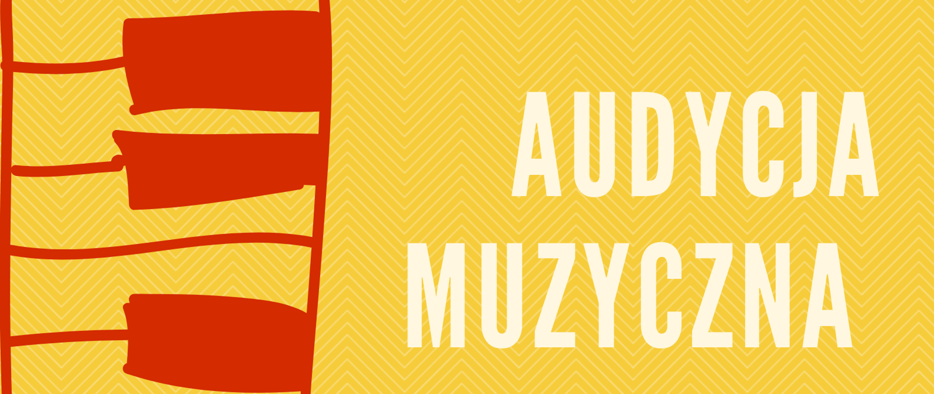 Wzdłuż lewej krawędzi plakatu klawiatura w kolorze pomarańczowym na żółtym tle. W górnym prawym rogu plakatu napis w kolorze białym na żółtym tle " AUDYCJA MUZYCZNA"". Na środku z prawej strony pomarańczowy napis na żółtym tle "UCZNIOWIE PANI MAGDALENY KOPYTO". W prawym dolnym rogu napis pomarańczowy na żółtym tle "SALA KAMERALNA 23 MAJ 2023 GODZ. 15:00".