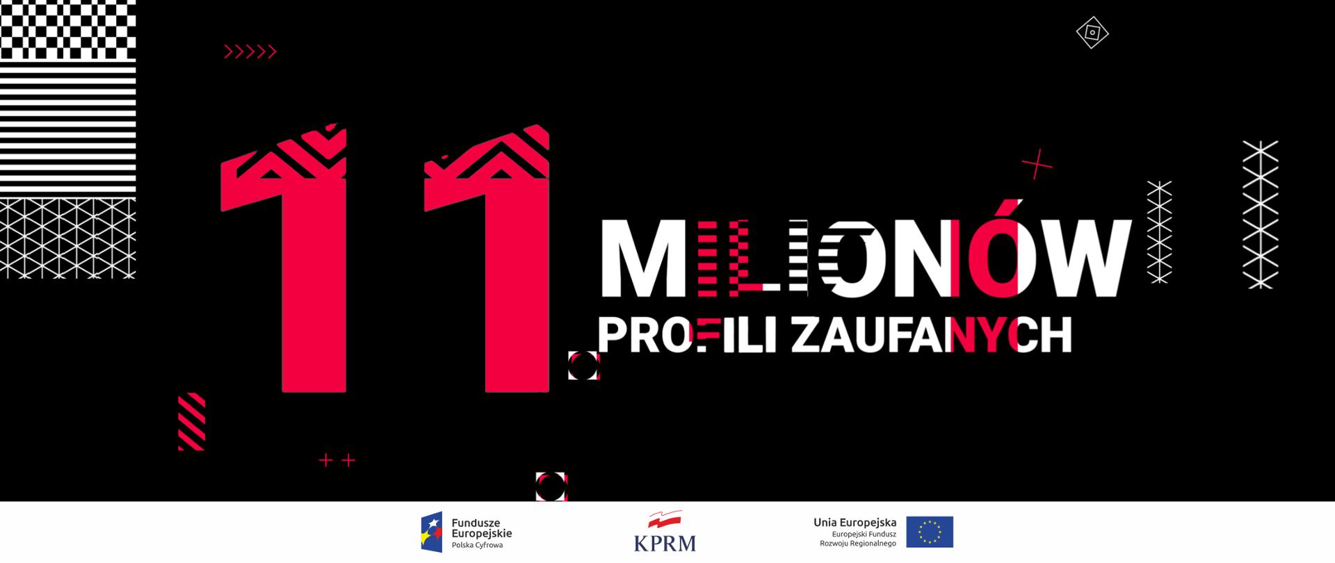 Grafika na czarnym tle. Biało-czerwony tekst: 11 milionów profili zaufanych. Po bokach białe i czerwone, nieregularne wzory.