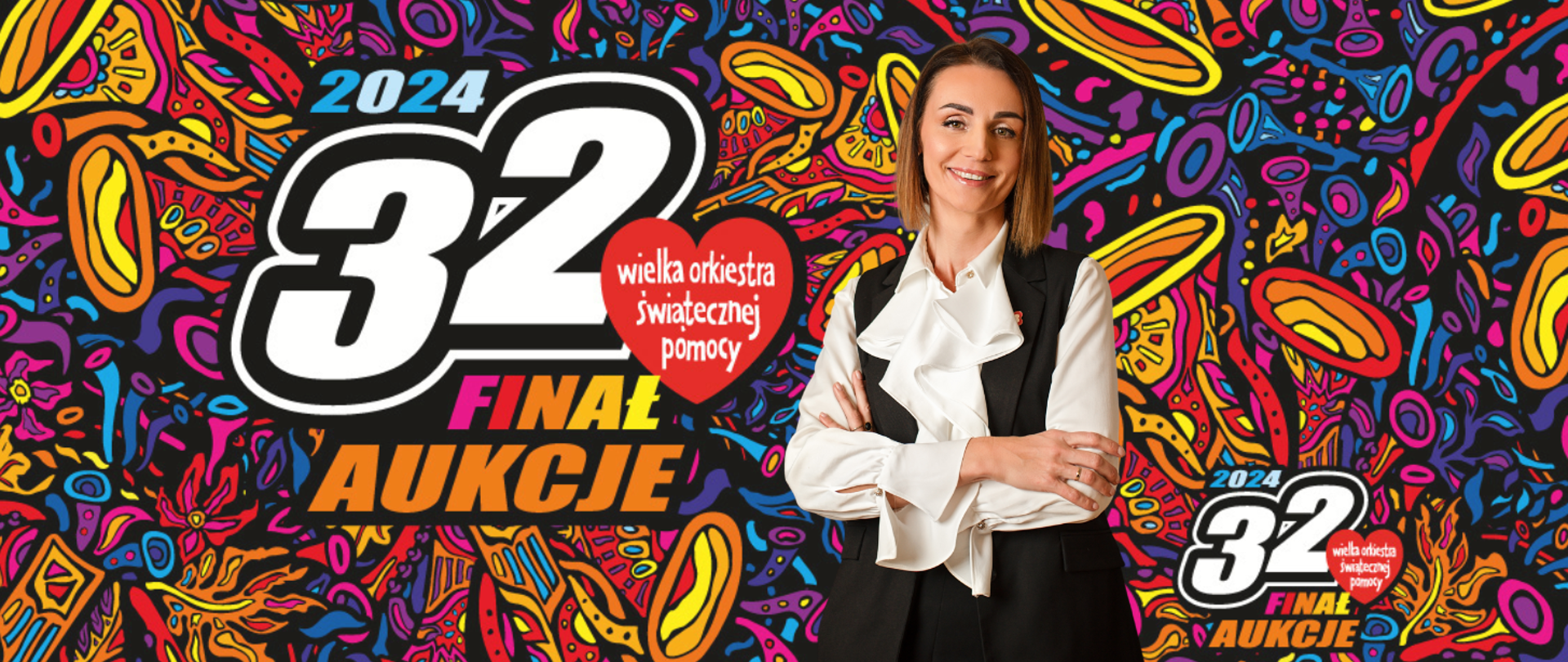 grafika Wielkiej Orkiestry Świątecznej Pomocy , napis 34. finał, i postać kobiety - wojewody pomorskiej 