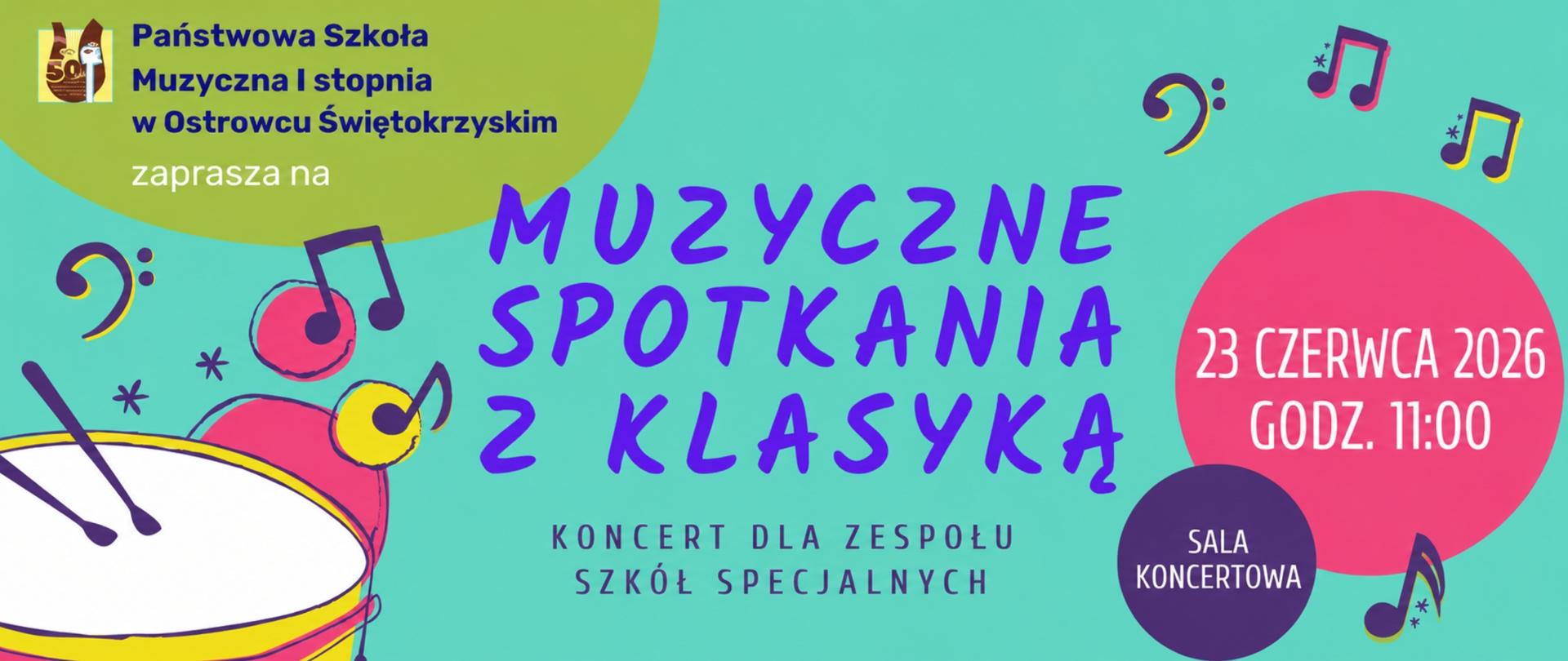 zdjęcia werbla i kolorowych w kółek, napisy w kolorze niebieskim i białym na zielonym tle, z logo szkoły w kolorze brązowo-żółtym