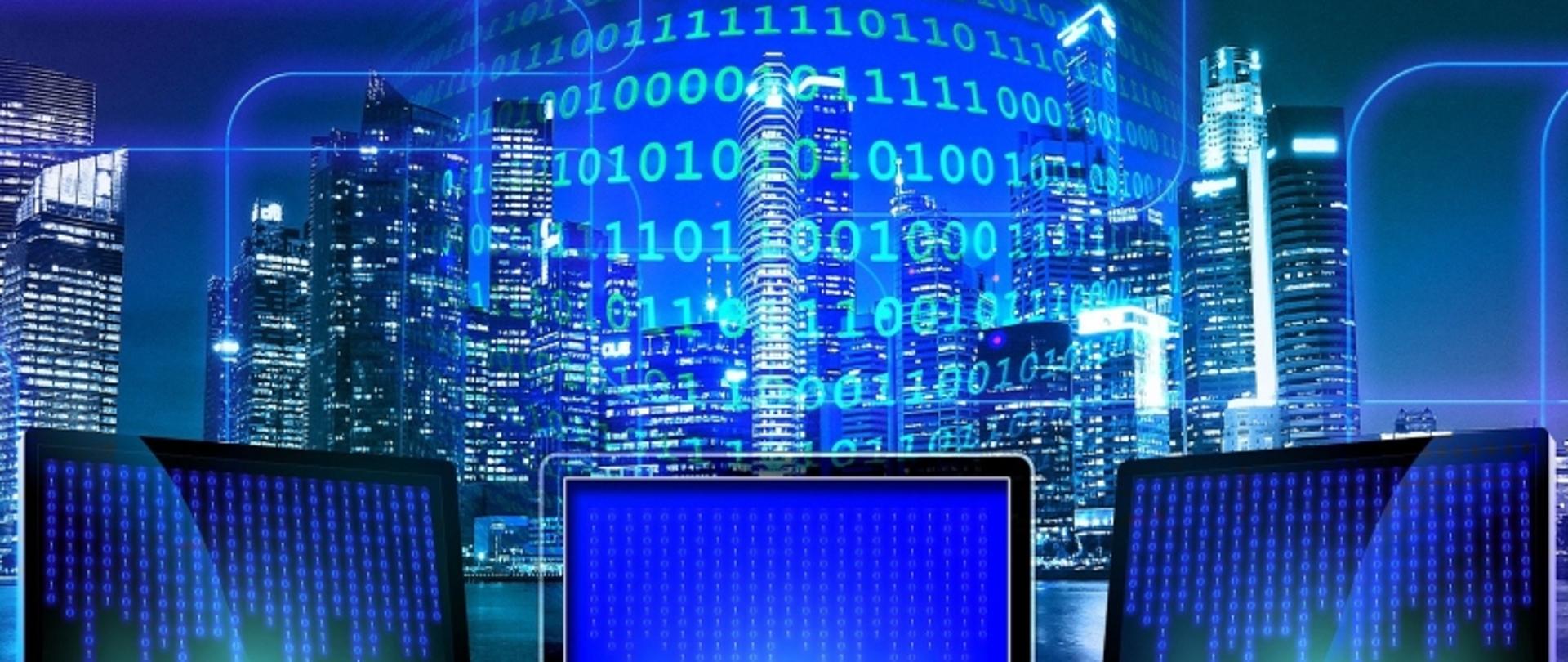 „Futurystyczne miasto nocą z cyfrowym globem i trzema monitorami wyświetlającymi kod binarny.”
