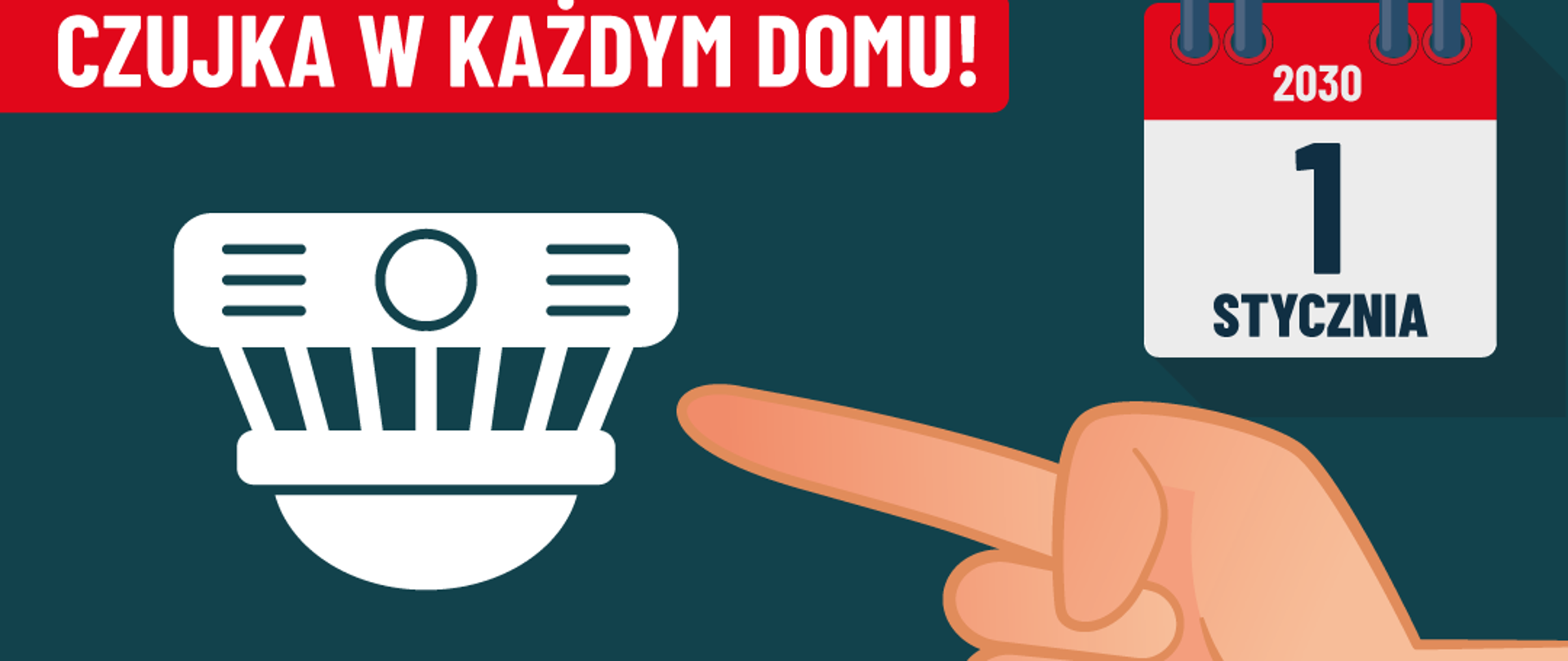 Na grafice przedstawiono plakat informacyjny w języku polskim dotyczący obowiązku montowania czujników dymu i tlenku węgla w domach.
Co widać na plakacie?
• U góry znajduje się czerwony pasek z dużym hasłem: „CZUJKA W KAŻDYM DOMU!”
• Po lewej stronie widoczna jest grafika czujnika (prawdopodobnie czujki dymu).
• Po prawej stronie znajduje się ikona kalendarza z datą 1 stycznia 2030.
• Obok czujnika skierowany jest duży rysunkowy palec, jakby wskazujący na urządzenie.
• Pod grafiką czujnika znajduje się tekst:
„2030 to obowiązek. DZIŚ to rozsądek. Zamontuj zanim będzie za późno…”
• Po prawej stronie umieszczono dłuższą informację:
„Od 1 stycznia 2030 roku wprowadza się powszechny obowiązek stosowania urządzeń do wykrywania dymu i tlenku węgla we wszystkich domach i mieszkaniach w Polsce.”*
Pod tekstem jest dopisek mówiący, że autonomiczna czujka tlenku węgla jest wymagana jedynie w pomieszczeniach, gdzie zachodzi proces spalania paliw.
• Na dole widać logotypy PSP (Państwowej Straży Pożarnej) – dział „Prewencja Społeczna”.

