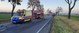 Na zdjęciu karetka pogotowia oraz wozy strażackie podczas akcji ratowniczej