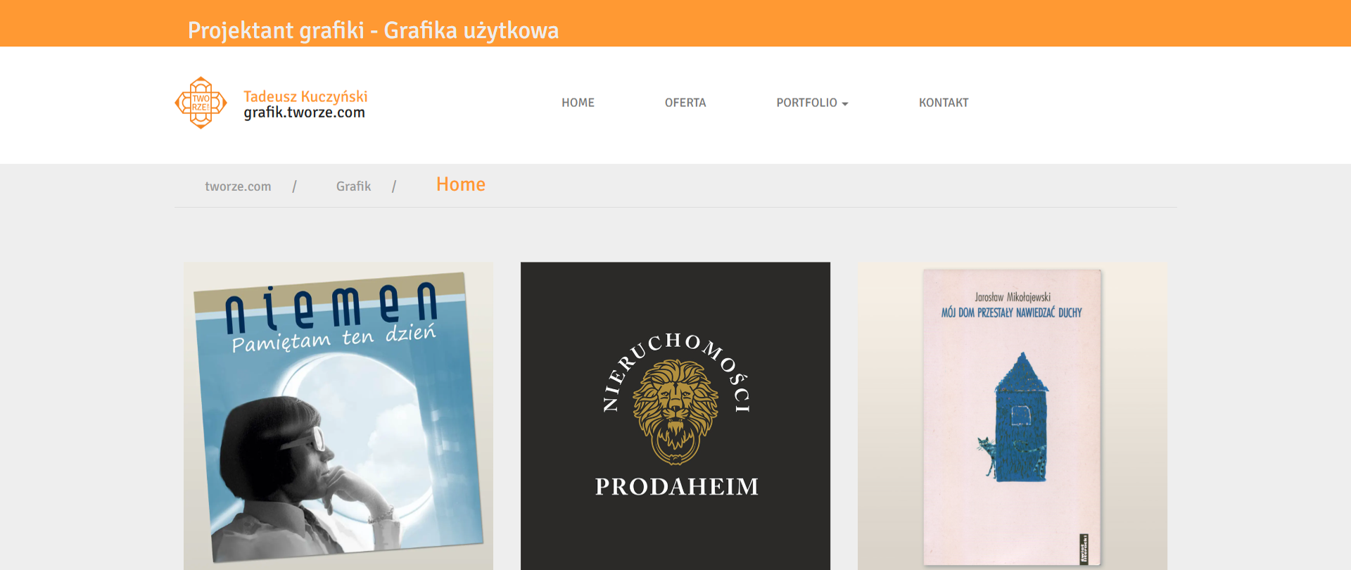 Zrzut ekranu strony internetowej prezentującej portfolio projektanta grafiki użytkowej, zawierającej galerię zrealizowanych projektów, opis działalności oraz listę klientów.