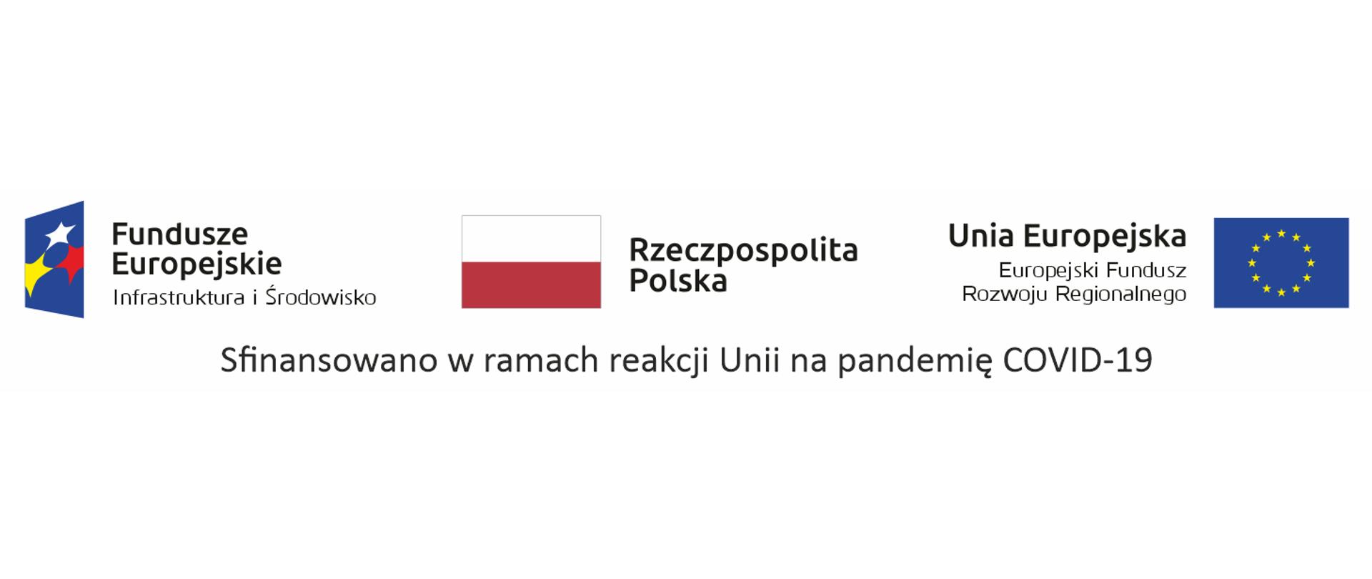 Grafika prezentująca logo partnerów: Fundusze Europejskie Infrastruktura i Środowisko, Rzeczpospolita Polska i Unia Europejska Europejski Fundusz Rozwoju Regionalnego