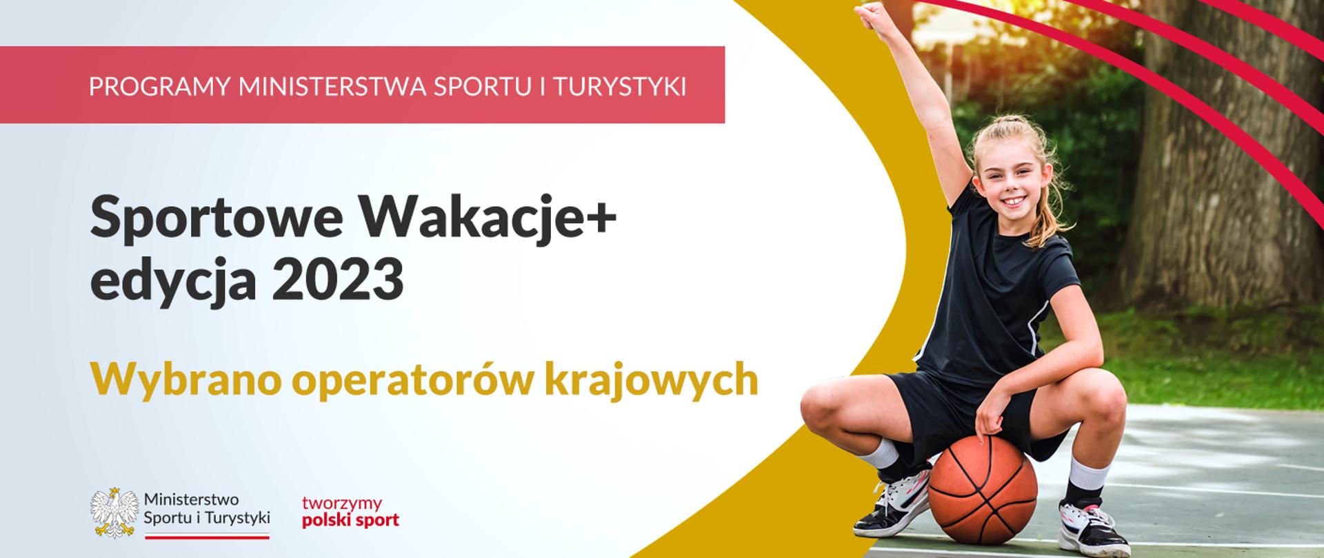 Grafika z uśmiechniętą dziewczynką kucającą na boisku do koszykówki. Na dole piłka do koszykówki. Napis Sportowe Wakacje+ edycja 2023 Wybrano operatorów krajowych