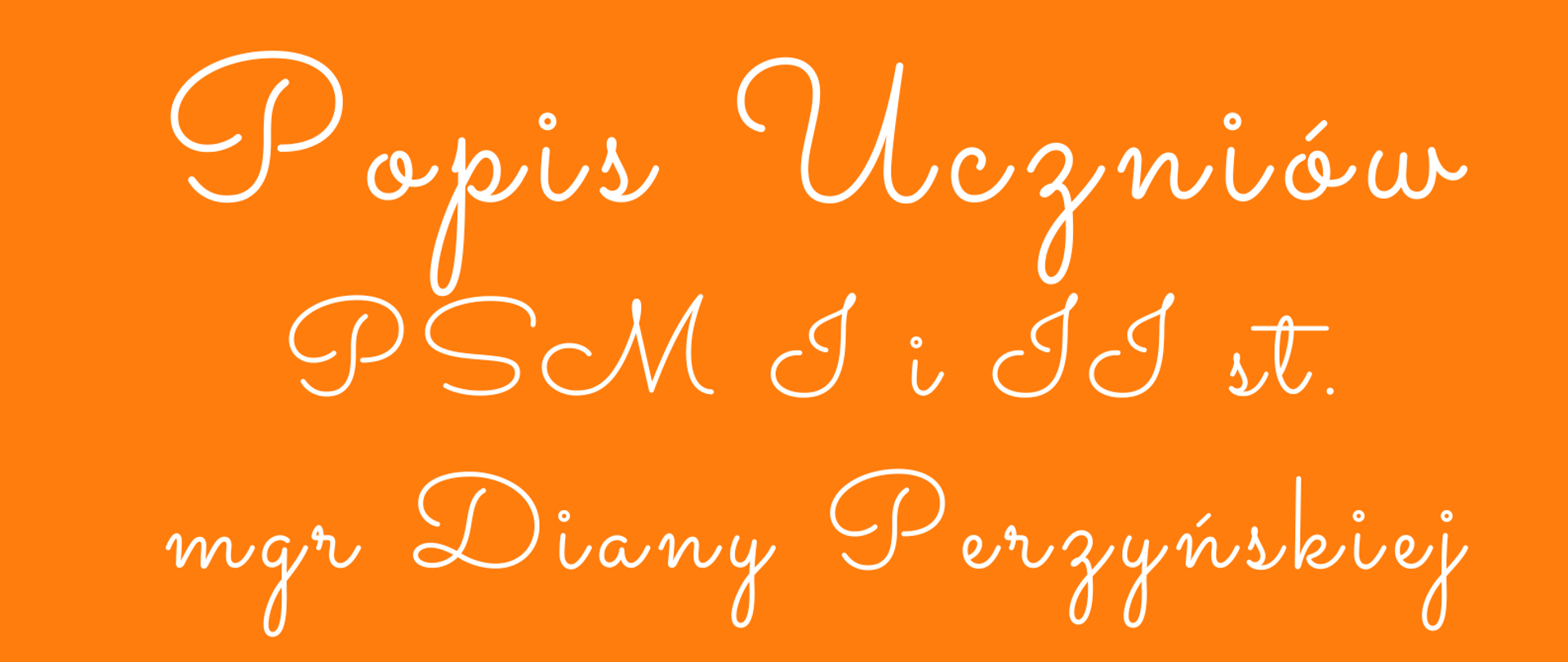 Plakat informujący o koncercie muzycznym, w górnej części logo szkoły czerwona nutka oraz pełna nazwa szkoły, poniżej tytuł koncertu, data i godzina wydarzenia. W dolnej części grafika przedstawiająca klawiaturę fortepianu. Plakat w kolorystyce pomarańczowej, granatowej i bezowej. 