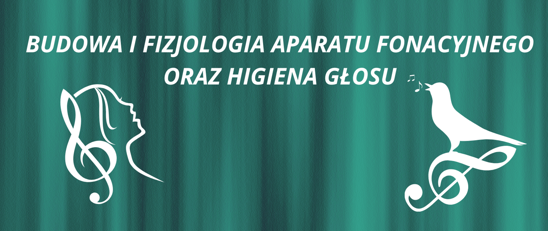 zielone tło, białe litery i grafiki przedstawiające śpiewającą dziewczynę i słowika w połączeniu z kluczem wiolinowym, na górze białe logo szkoły