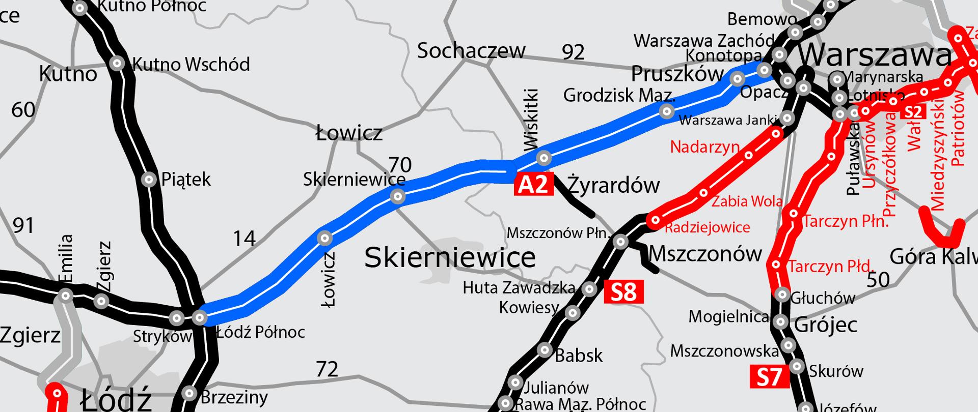 Rozbudowa A2 Warszawa - Łódź - mapa 