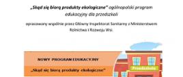Na samej górze znajduje się tytuł: "Skąd się biorą produkty ekologiczne" ogólnopolski program edukacyjny dla przedszkoli, opracowany wspólnie przez Główny Inspektorat Sanitarny z Ministerstwem Rolnictwa i Rozwoju Wsi.
Pod spodem na pomarańczowym prostokątnym tle widnieje napis drukowanymi literami: Nowy program edukacyjny i pod nim również na pomarańczowym tle: "Skąd się biorą produkty ekologiczne". Oba pomarańczowe prostokąty połączone są z obrazkiem, który znajduje się z prawej strony: w okręgu przedstawiony jest czerwony budynek, który jest przedszkolem. Pod nimi znajduje się tekst:
Okres przedszkolny jest niezmiernie ważnym etapem kształtowania się postaw determinujących aktualne i przyszłe zachowanie dotyczące zdrowia. Dlatego też istotne jest edukowanie dzieci w zakresie prawidłowego żywienia już od najmłodszych lat. Utrwalone wówczas przyzwyczajenia zdrowotne i nawyki decydują o późniejszym stylu życia. Dodatkowo z badań wynika także, że żywność ekologiczna może mieć związek ze zdrowszym stylem życia. Konsumenci ekologiczni częściej dbają o dietę i aktywność fizyczną oraz cechuje ich istotnie mniejsze prawdopodobieństwo nadwagi i otyłości. Program skierowany jest do dzieci uczęszczających do przedszkoli w wieku 5-6 lat.
Celem programy jest zwiększanie świadomości i wiedzy na temat rolnictwa ekologicznego oraz budowanie właściwych nawyków żywieniowych od najmłodszych lat.
Główne założenia programu:
- zrozumienie czym jest rolnictwo i produkty ekologiczne
-kształtowanie umiejętności wyboru produktów ekologicznych
-propagowanie zdrowego stylu życia
-zwiększanie wiedzy i świadomości przedszkolaków o nawykach higieniczno-zdrowotnych.
Program "Skąd się biorą produkty ekologiczne" realizowany poprzez wykorzystanie: publikacji i filmu: "Skąd się biorą produkty ekologiczne" dla dzieci, scenariusza lekcji, lekcji pokazowej.
Materiały są dostępne dla wszystkich na naszej stronie internetowej 