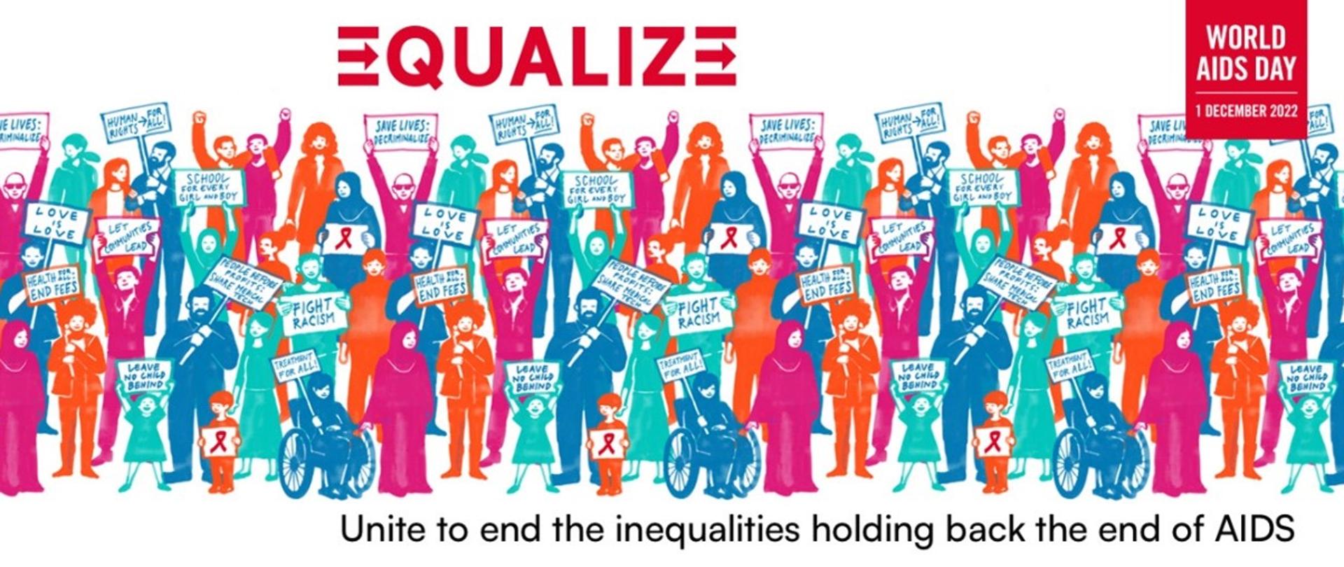 Kolorowe rysunki ludzi trzymających kartki i napis wyrównujemy