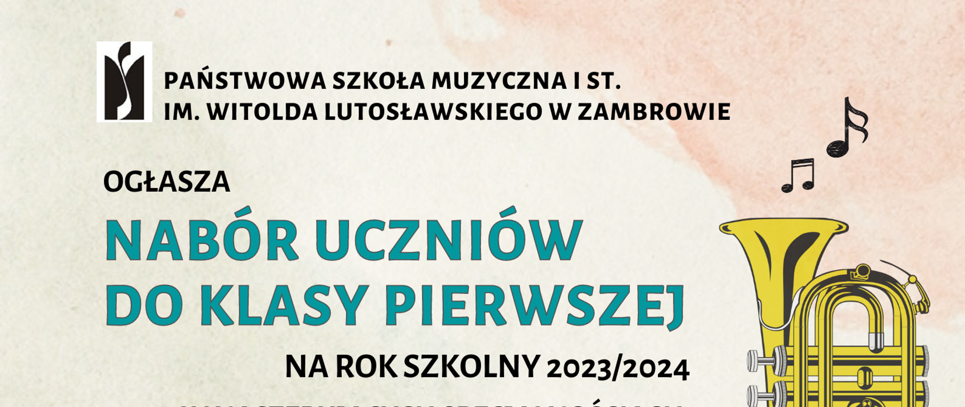 na blado zielonym tle od góry mieszczone są napisy d góry : ciemną czcionką dane szkoły wraz logiem umieszczonym w prawym górnym rogu, poniżej żółtą czcionką informacja o naborze a po prawej stronie żółty sakshorn, na środku plakatu wyszczególnione instrumenty na jakich można nauczyc się grać, następnie terminy badań przydatności, konsultacji dla rodziców, dni otwartych szkoły oraz dane kontaktowe. na stopce napis czekamy na ciebie a w prawy górny rogu kolorowe kółka w różnej wielkości