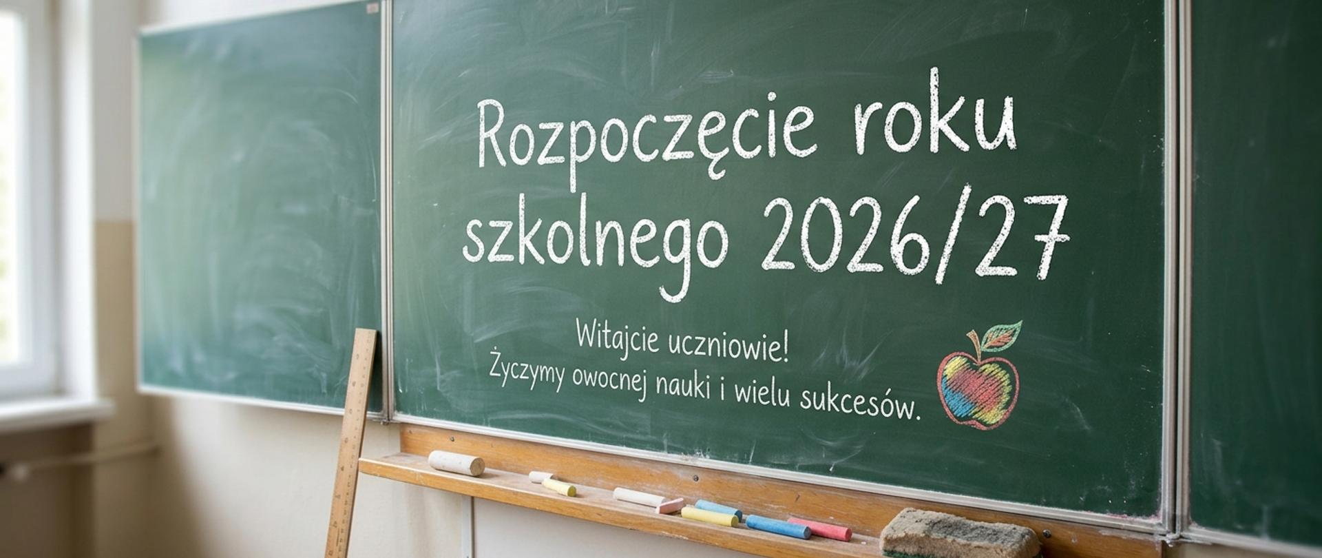 na zielonej tablicy lekcyjnej napis , Rozpoczęcie roku szkolnego 2026/27 