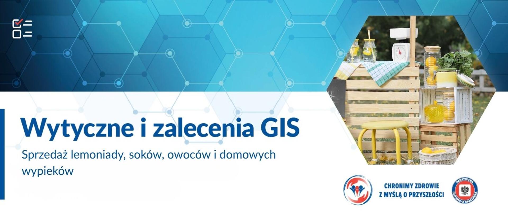 Po lewej napis Wytyczne i zalecenia GIS, następnie podpis Sprzedaż lemoniady, soków, owoców i domowych wypieków. Po prawej Obrazek z prowizorycznym stoiskiem z lemoniadą