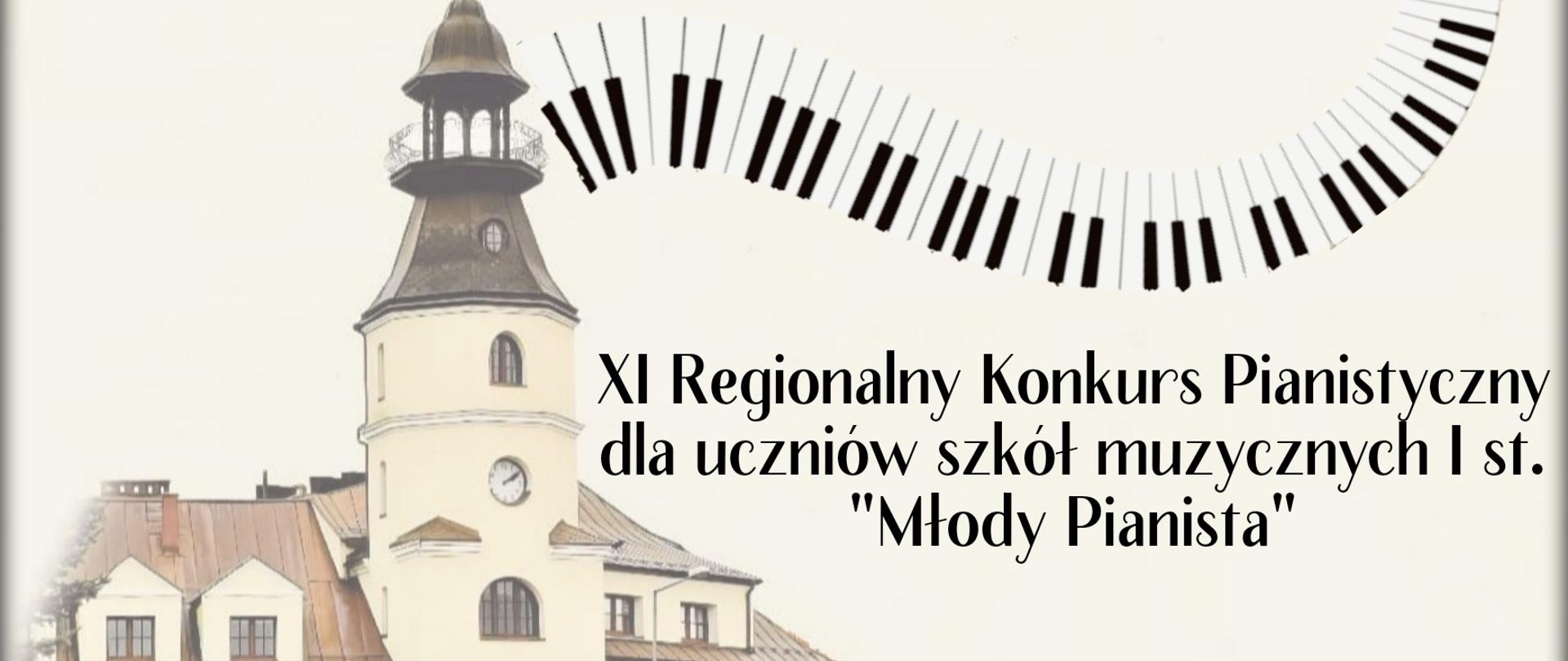 w lewej części plakatu znajduje się budynek szkoły muzycznej, z prawej od góry napisy odnoszące się do nazwy szkoły, poniżej falująca klawiatura fortepianu, nazwa konkursu oraz na samym dole miejsce wydarzenia z datą 