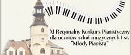 w lewej części plakatu znajduje się budynek szkoły muzycznej, z prawej od góry falująca klawiatura fortepianu oraz nazwa konkursu