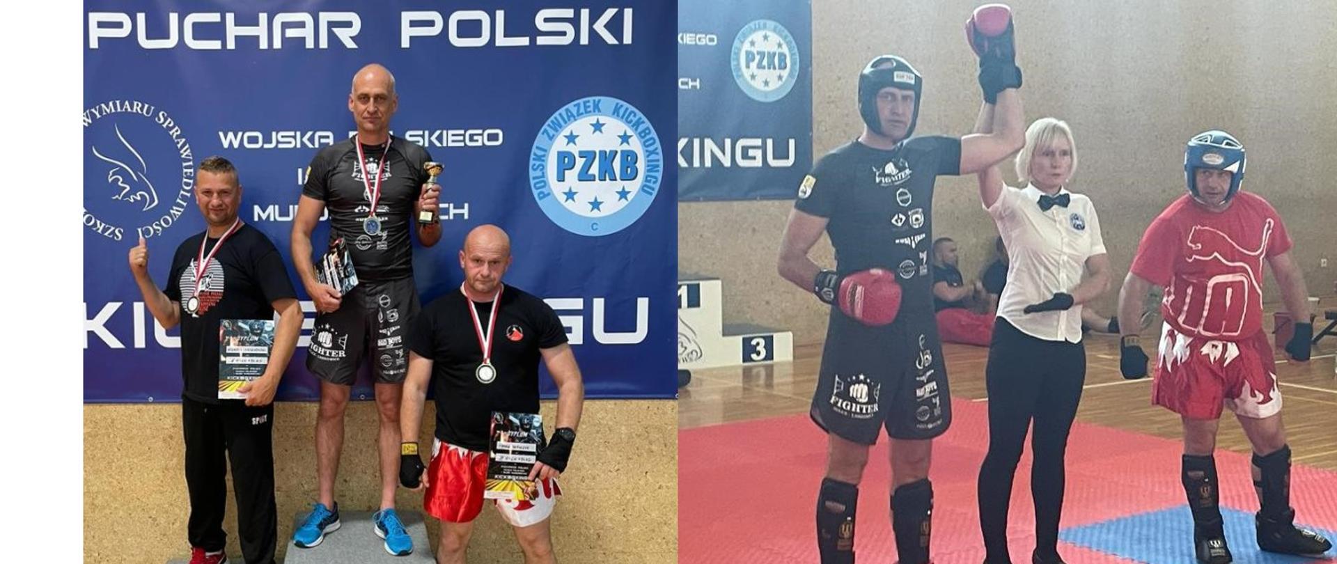 na zdjęciu widać zawodników startujących w Pucharze Polski Wojska Polskiego i Służb Mundurowych w Kickboxingu. Zdjęcie po lewej - stoją na podium. Zdjęcie po prawej - sędzia unosi rękawicę zwycięzcy walki Damiana Terleckiego