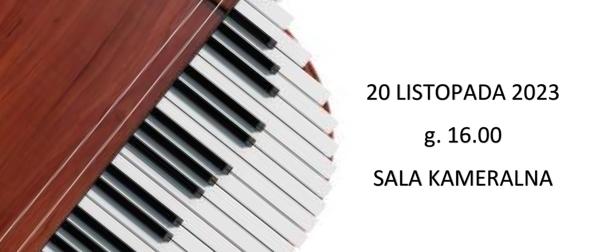 Plakat na białym tle informujący o koncercie pedagogów, który odbędzie się 20.11.2023 roku o godzinie 16:00 w sali kameralnej. Pośrodku plakatu grafika przedstawiająca skrzypce oraz klawiaturę fortepianu.