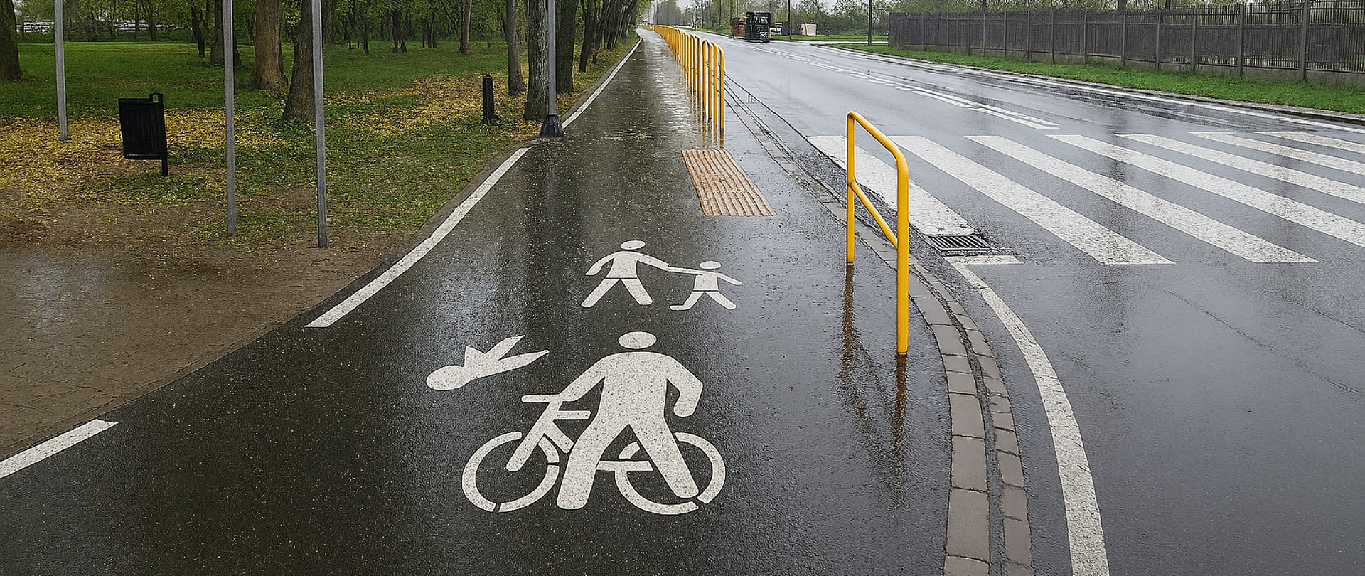 Mokra ścieżka pieszo‑rowerowa biegnąca wzdłuż jezdni, z białymi piktogramami osoby pieszej i roweru namalowanymi na asfalcie. Trasa jest oddzielona od drogi żółtymi barierkami i prowadzi obok przejścia dla pieszych. Po lewej stronie widoczne są drzewa i znaki drogowe, po prawej jezdnia oraz ogrodzenie, w tle pochmurne niebo po deszczu.