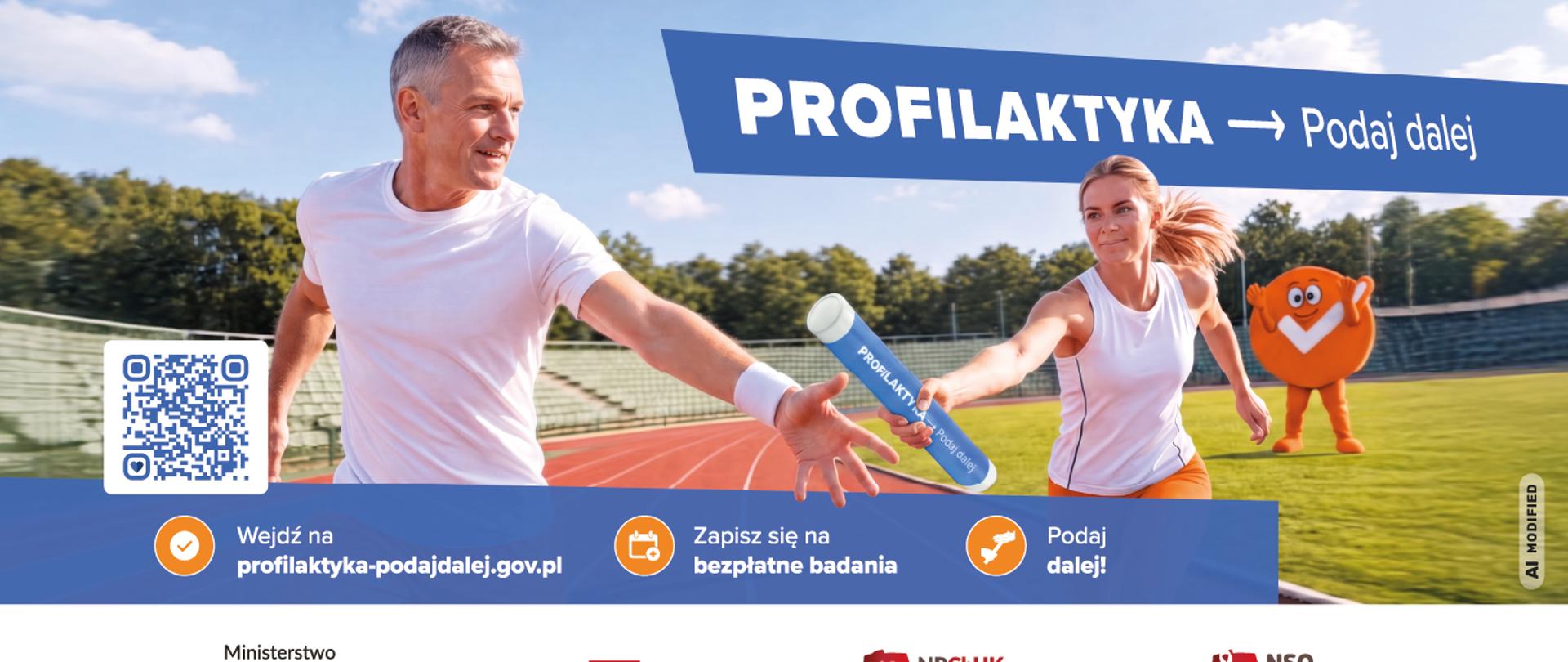 Na banerze dwójka biegaczy przekazująca sobie pałeczkę, na której znajduje się napis: Profilaktyka - Podaj dalej 