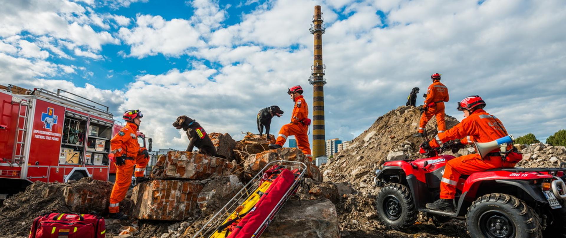 Ratownicy w pomarańczowych kombinezonach i hełmach na głowach stoją pośród gruzowiska. Trzech z nich stoi przy psach ratowniczych rasy labrador. Jeden ze strażaków siedzi na pojeździe typu quad. Na ziemi leżą nosze oraz torba medyczna. W tle samochód ratowniczy. Na horyzoncie widnieje strzelisty komin elektrociepłowni oraz błękitne niebo przesłonięte pierzastymi chmurami.