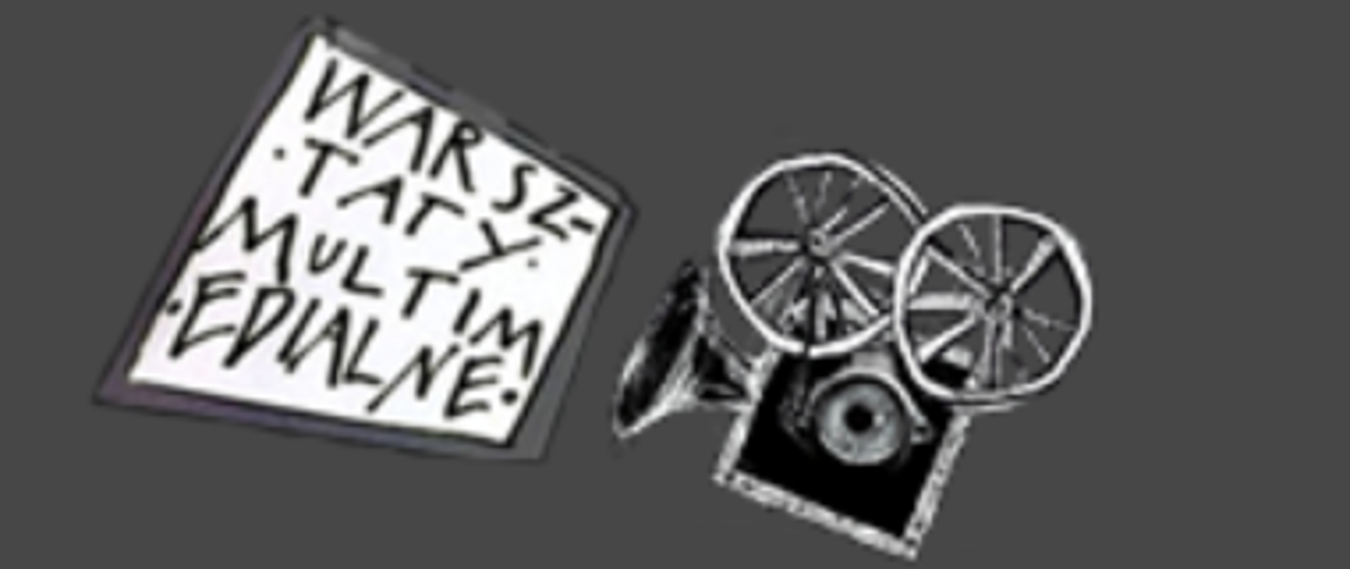 Logo warsztatów artystycznych Multimedia w sztuce. Kamera i napis: warsztaty multimedialne.