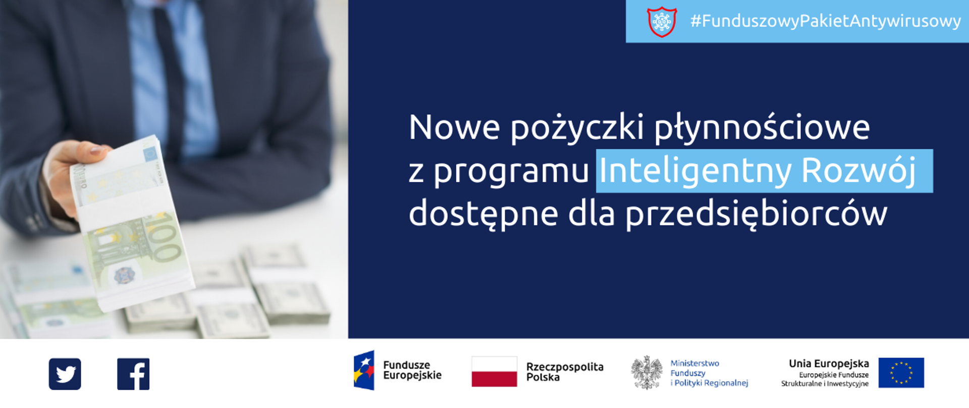 Napis na grafice: nowe pożyczki płynnościowe z programu Inteligentny Rozwój dostępne dla przedsiębiorców i zdjęcie wręczanych banknotów