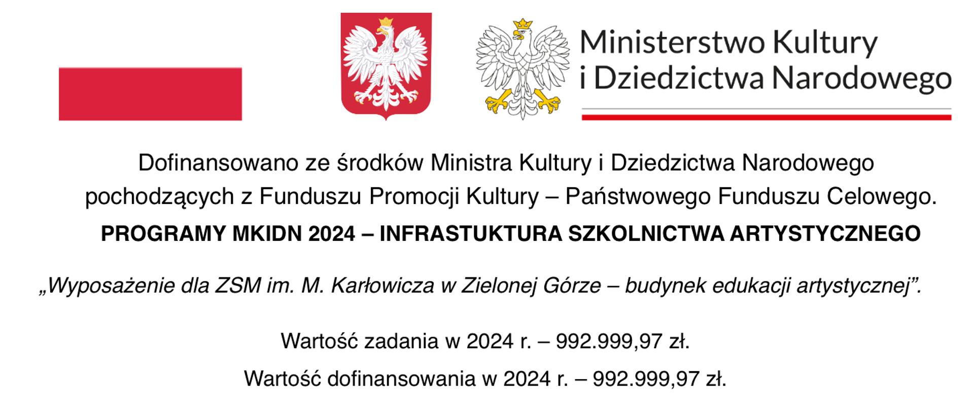 Grafika przedstawiająca dofinansowanie z programu Ministra Kultury i Dziedzictwa Narodowego. Czarny tekst dofinansowania na białym tle, u góry logo Ministerstwa Kultury i dziedzictwa Narodowego.