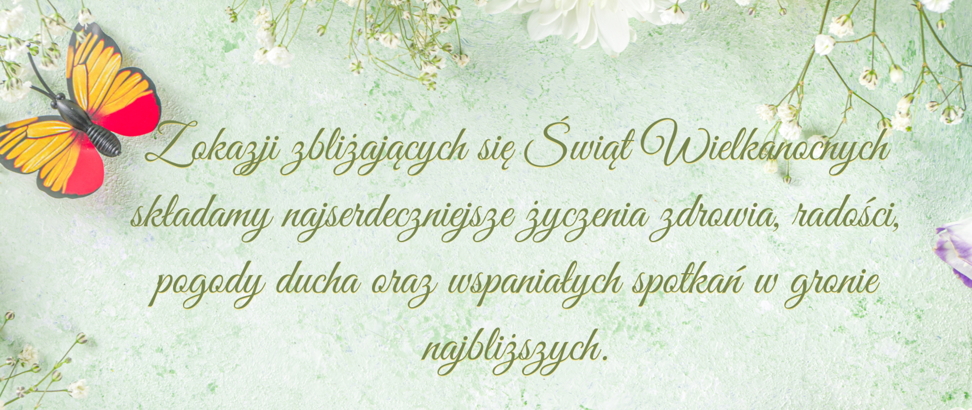 Życzenia Wielkanocne na zielonym tle z grafiką kolorowych pisanek i kwiatów