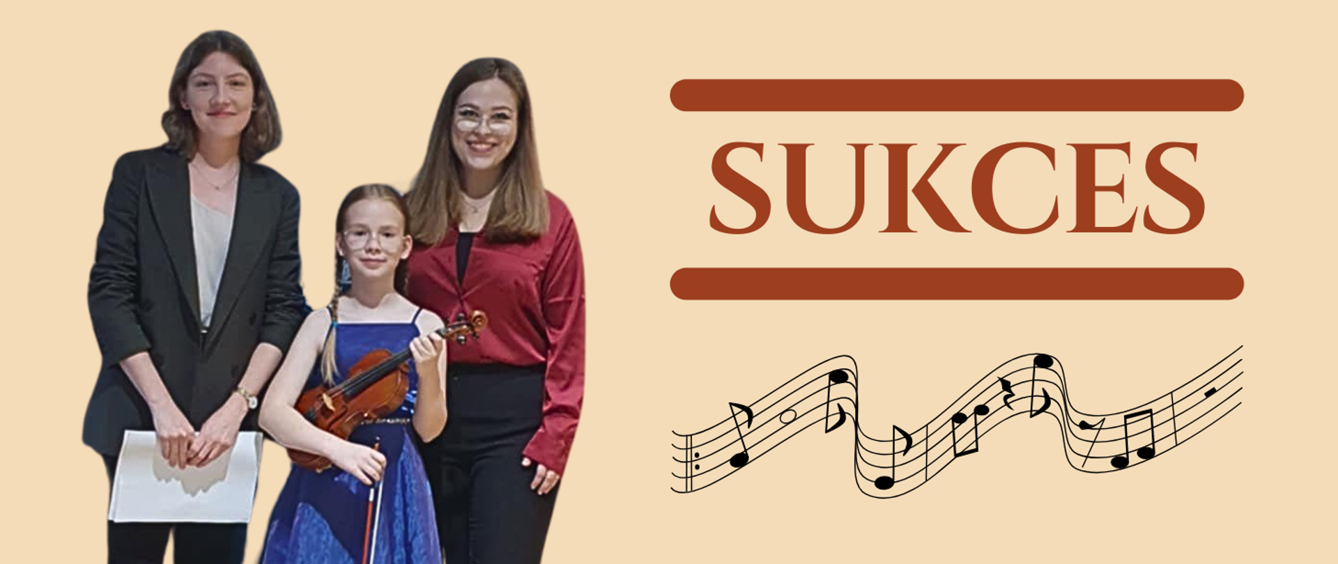 trzy postacie po lewej, dziewczynka w środku trzyma skrzypce, pop prawej napis sukces i grafika pięciolinii z nutami, beżowe tło