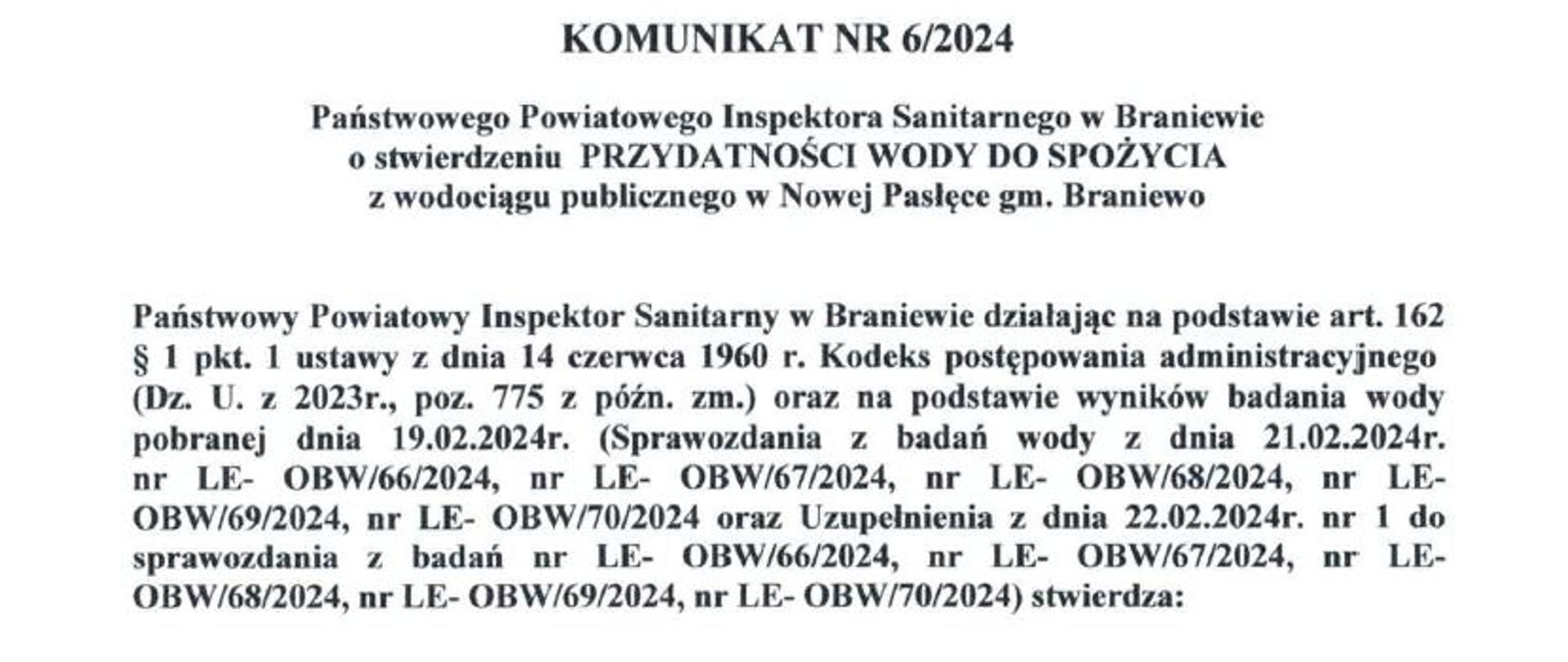 Komunikat NR 6/2024 Państwowego Powiatowego Inspektora Sanitarnego w Braniewie o stwierdzeniu PRZYDATNOŚCI WODY DO SPOŻYCIA z wodociągu publicznego w Nowej Pasłęce gm. Braniewo