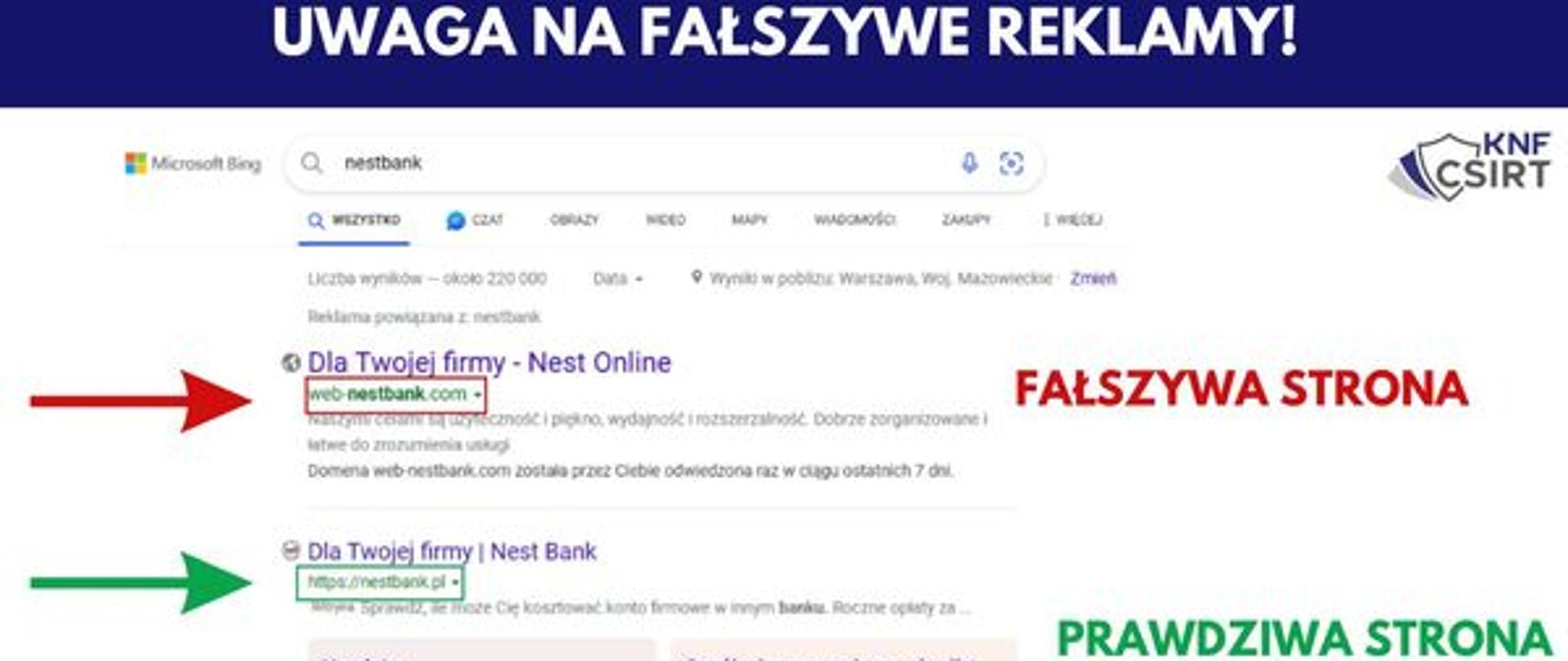 Uwaga Fałszywe reklamy - zdjęcie wyszukiwarki internetowej gdzie wyświetlają się reklamy - na czerwono zaznaczona fałszywa reklama , na zielono Prawdziwa strona