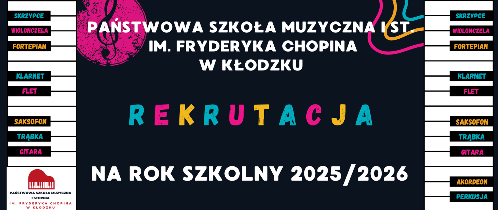 Plakat na czarnym tle z informacjami dotyczącymi rekrutacji na rok szkolny 2025/2026