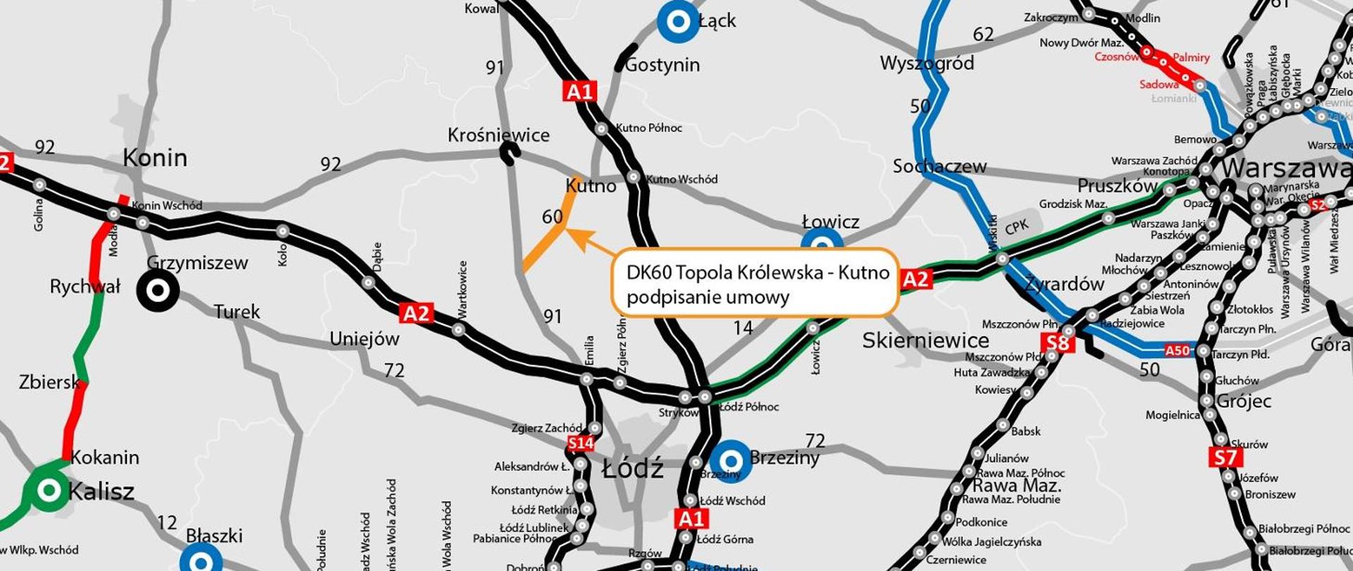 DK60 Topola Królewska - Kutno - mapa