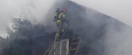 pożar domu drewnianego w Gminie Garbatka Letnisko, strażak na drabinie gasi pożar poddasza