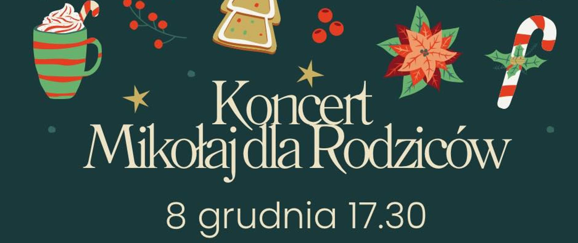 Na czarnym tle znajduje się napis Mikołaj dla rodziców oraz świąteczne ozdoby.