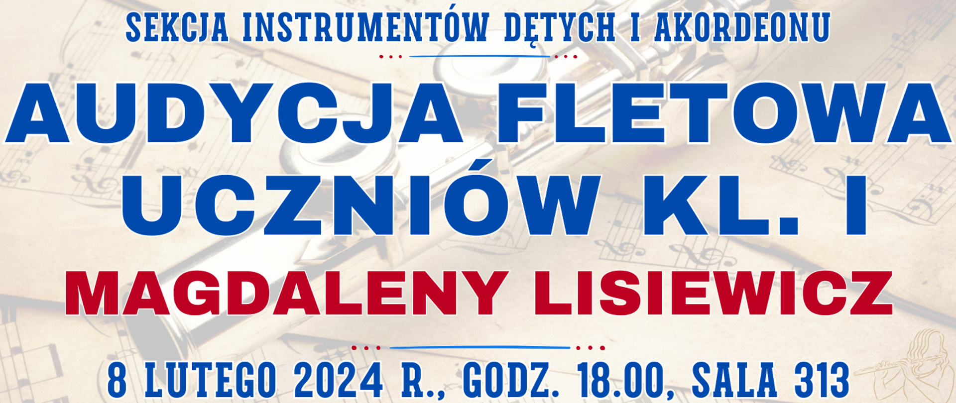 kolorowe tło z fletem poprzecznym leżącym na nutach oraz informacja o wydarzeniu