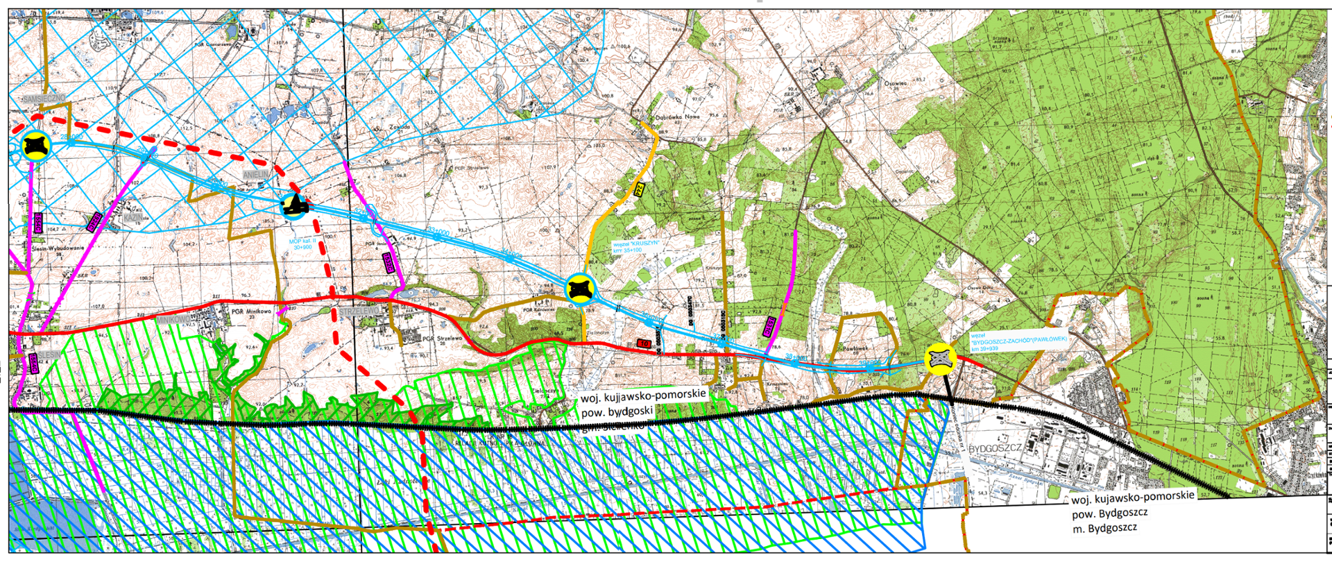 Grafika przedstawiająca przebieg wariantu błękitnego drogi ekspresowej S10 od węzła Bydgoszcz Zachód do planowanego węzła Ślesin
