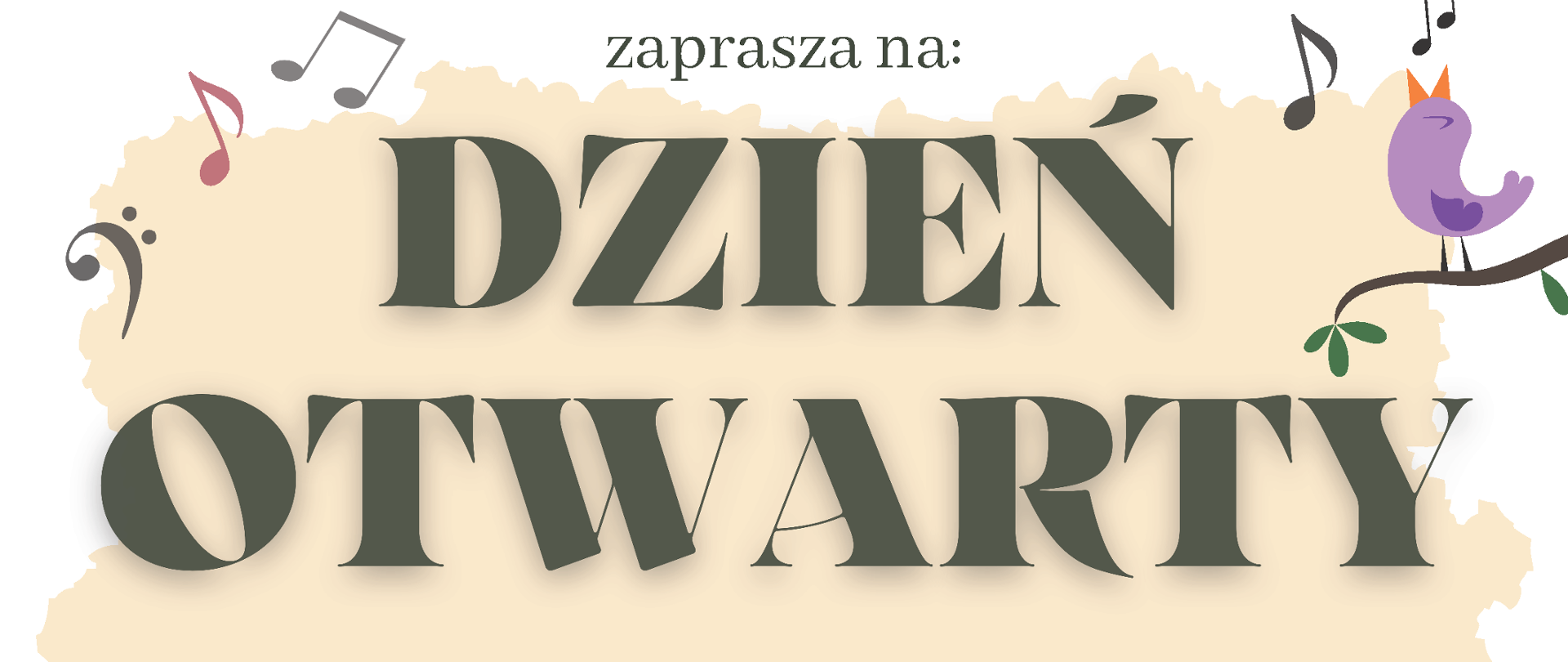 Plakat na białym tle, z motywami kwiatowymi i szkicami instrumentów w dolnej części plakatu. Na samej górze umieszczony napis z nazwą szkoły "Państwowa Szkoła Muzyczna I st. nr 1 w Kędzierzynie-Koźlu" z dopiskiem "zaprasza na:". Pod napisem umieszczono kolejny napis informacyjny o treści "Dzień Otwarty, 15 maja 2023 r. godz. 16.00,, sala koncertowa PSM w Kędzierzynie-Koźlu". Jeszcze poniżej wypunktowane są dodatkowe informacje o treści "w programie: koncerty nauczycieli, pokaz instrumentów, zabawy rytmiczne".