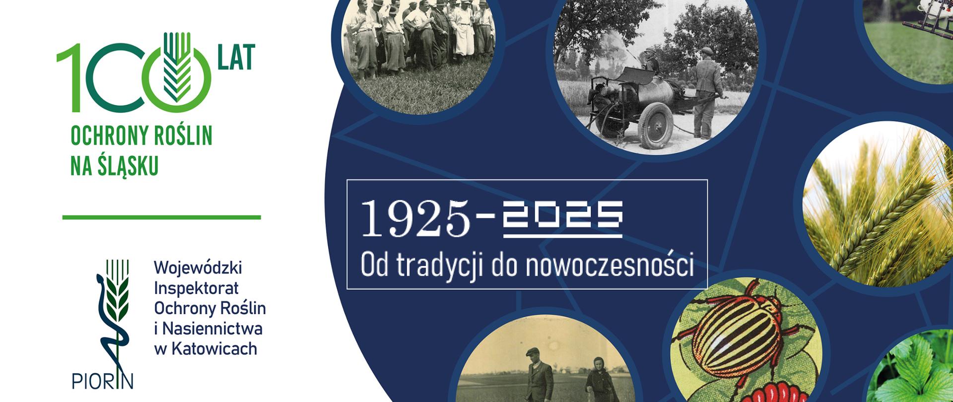100 lat służby ochrony roślin na Śląsku, baner z grafiką. Widoczne logo PIORIN i nazwa inspektoratu oraz archiwalne zdjęcia