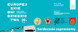 na niebieskim tle napis Europejskie Dni Dziedzictwa, w prawym rogu loga organizatorów