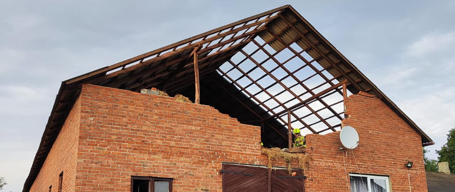 Zerwany dach z budynku mieszkalno-gospodarczego, budynek murowany z cegły, ściana szczytowa uszkodzona, wypchnięta widać gruzy ze ściany, które leżą obok budynku na stropie widać strażaków, którzy prowadzą działania.