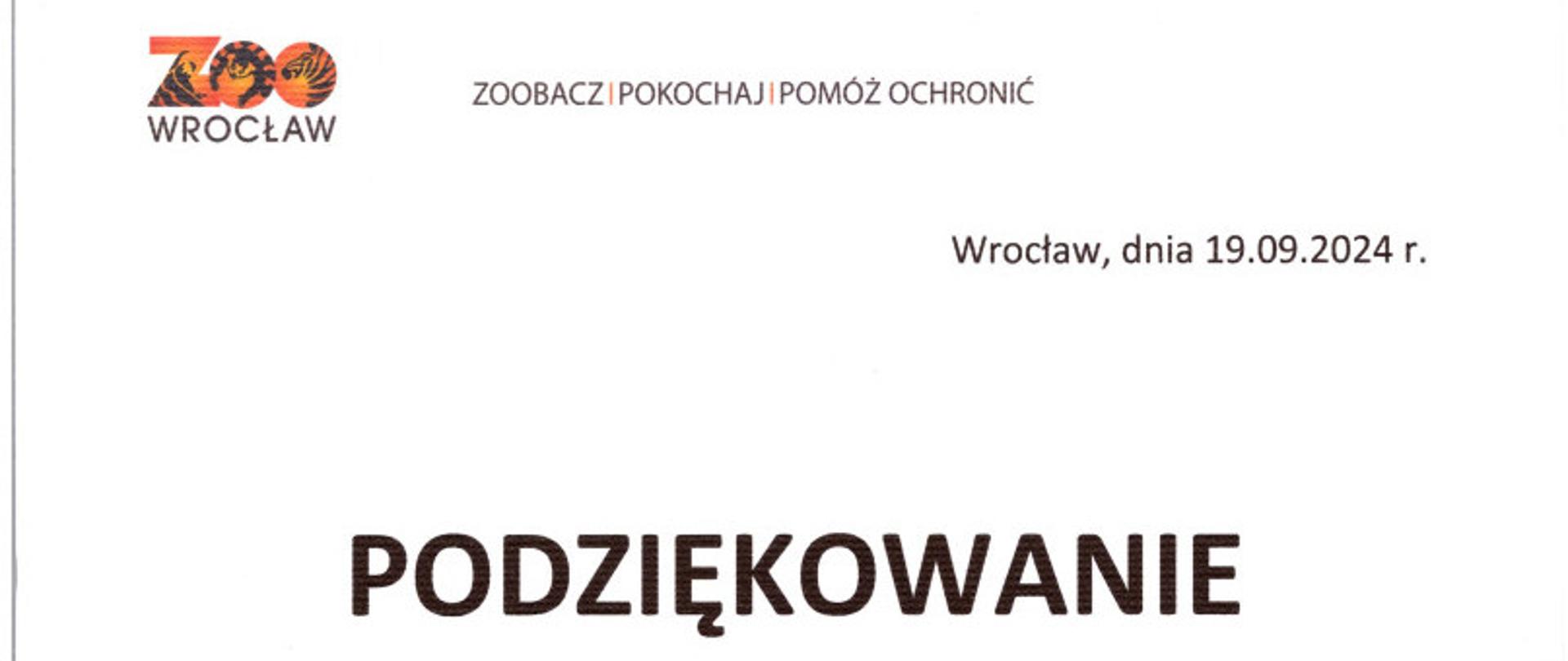 na białym tle w lewym górnym rogu logo zoo Wrocław, centralnie napis podziękowanie