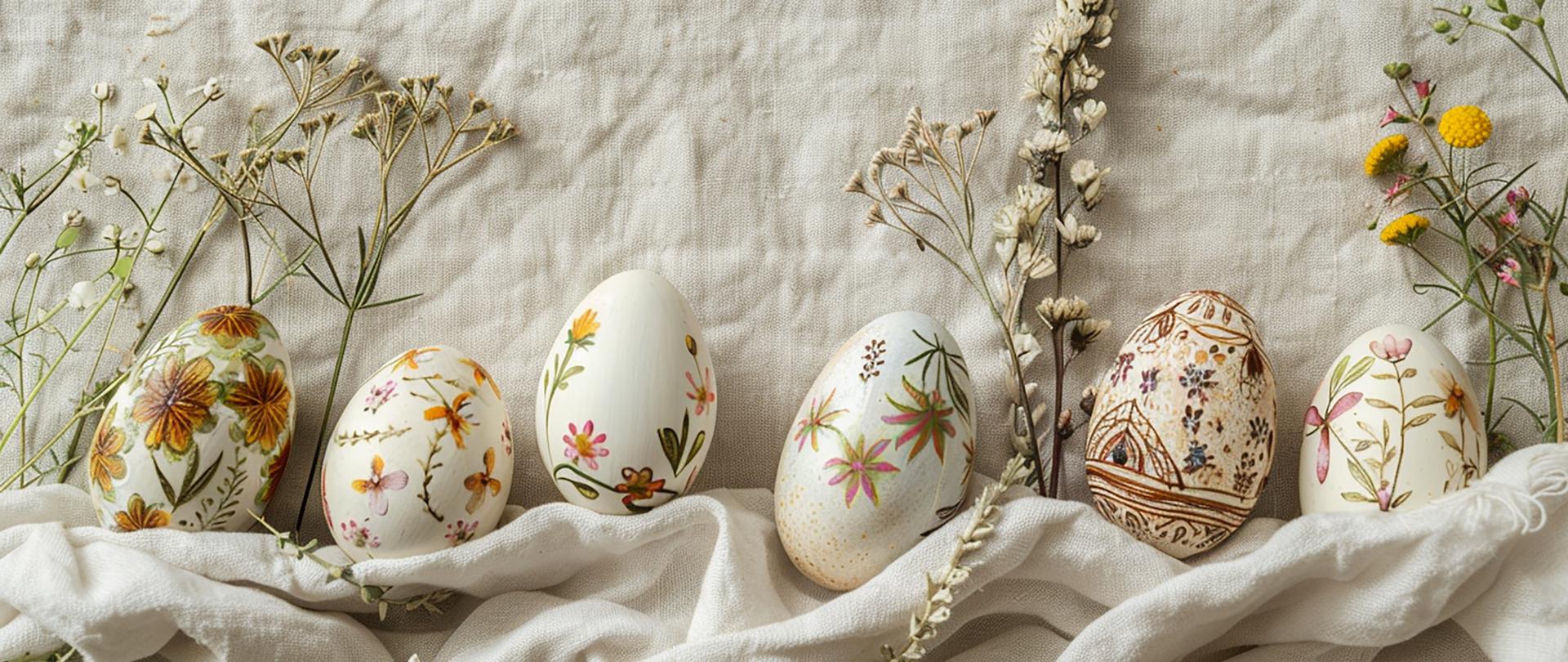 Happy Easter banner with easter eggs in nest and spring flowers.Nature eco Easter background with copy space. Flat lay,easter banner,happy easter background,easter zero waste,eco friendly